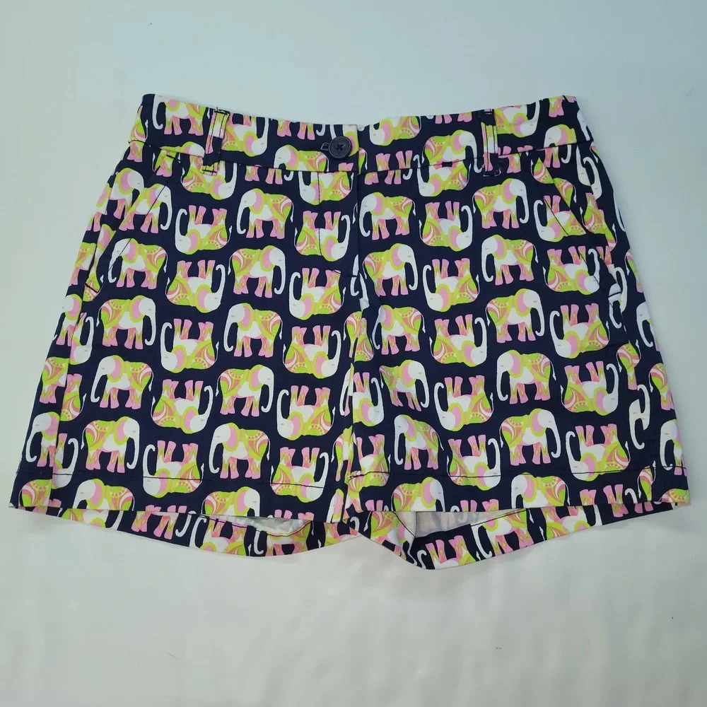 Crown & Ivy Shorts Womens 2 Navy Blue Pink Green Elephant Print Cotton Spandex